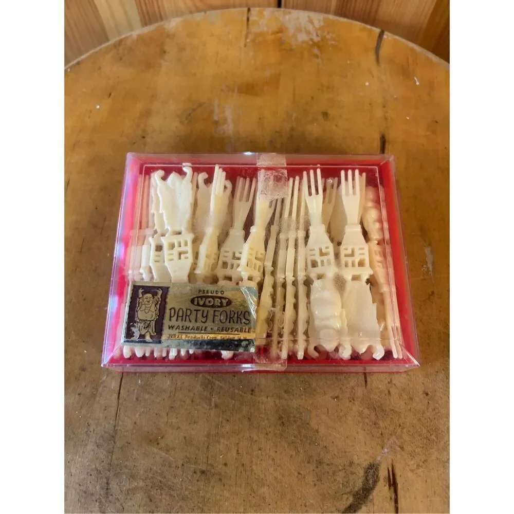 Pseudo IVORY Party Forks HAPPY BUDDHA Jeral Products Appetizer Fork USA 1960'S (